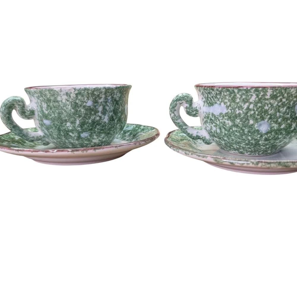 Festive Green White Holly Mistletoe Teacup Set Matching Cups Saucers Coffee Tea